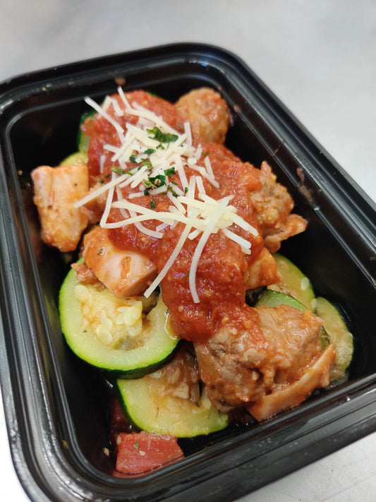 High-energy keto-friendly Chicken & Sausage in Marinara over Italian Zucchini to fuel your day