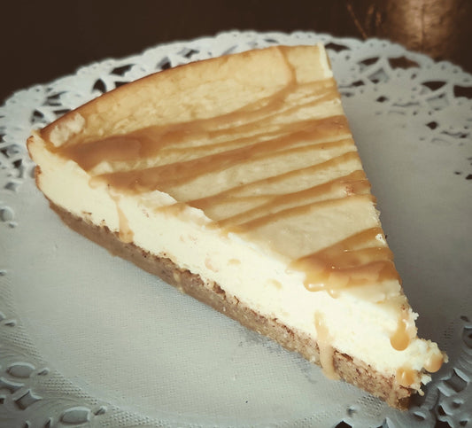A delicious low-carb Apple Caramel Cheesecake (slice or whole) on a classic favorite