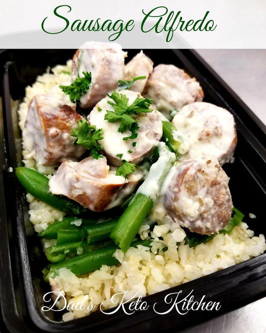 Delicious keto-friendly Sausage Alfredo w/Green Beans over Parmesan Rice, low-carb and gluten-free